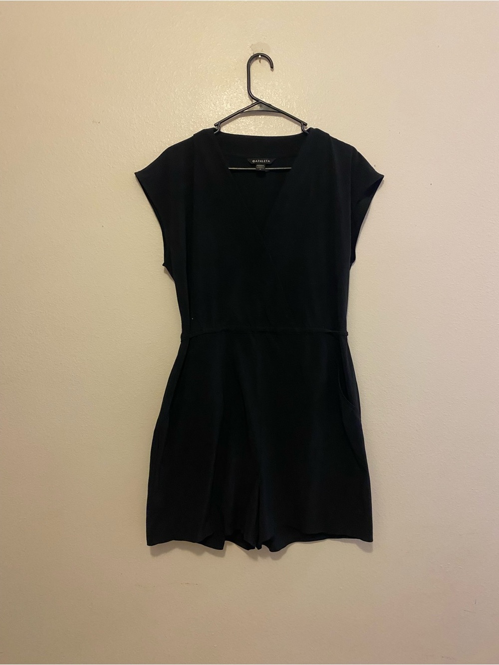 Athleta Black V-Neck Short Sleeve Romper - Sleek Minimalist
